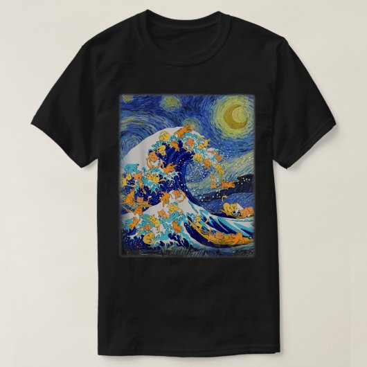 T-shirt Starry Night and Great Wave Cat, Cat Lover, Cat Mo (Design devant)