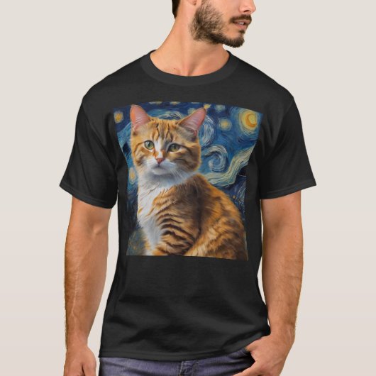 T-shirt Starry Night Art with a Cat (Devant)