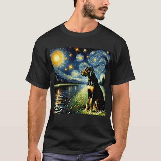 T-shirt Starry Night Black et Tan Coonhound Chien Van Gogh (Devant)