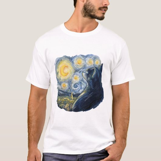 T-shirt Starry Night Cat Artistic Van Gogh Style Art (Devant)