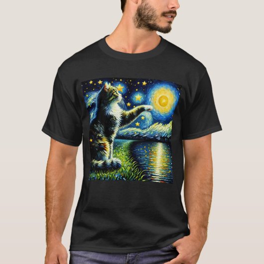 T-shirt Starry Night Cat Kitten Van Gogh Lover (Devant)