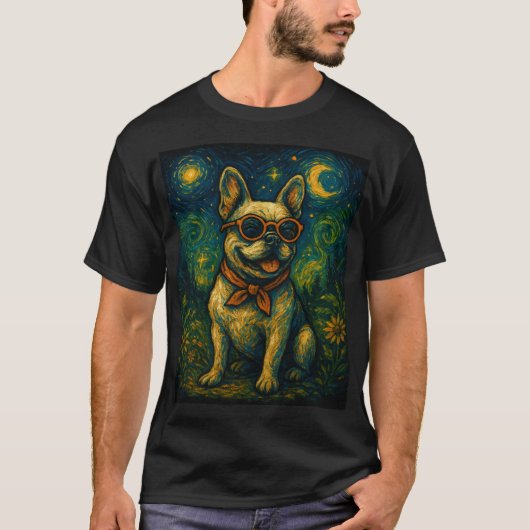 T-shirt Starry Night Dog Drôle Art Style Retro Verres Anim (Devant)