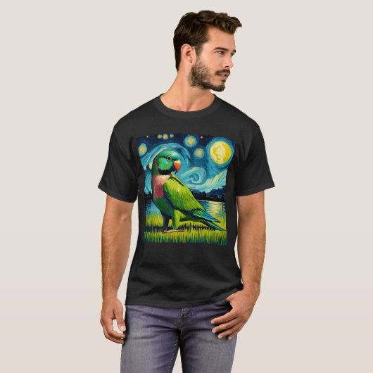 T-shirt Starry Night Indian Ringneck Parrot Van Gogh Bird (Devant entier)