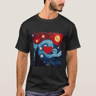 T-shirt Starry Night Red Love Coeur Design