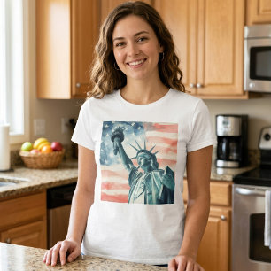 T-shirt Statue de la Liberté à l'aquarelle avec drapeau am