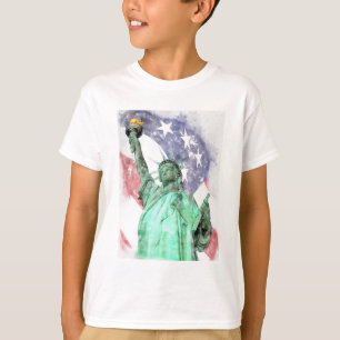 T-shirt Statue de la Liberté closeup avec drapeau aquarell