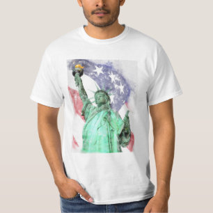T-shirt Statue de la Liberté closeup avec drapeau aquarell
