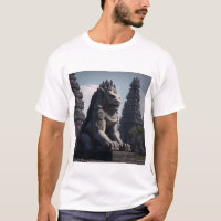 Statue du lion avec le temple de Prambanan en arri