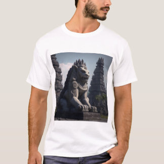 T-shirt Statue du lion avec le temple de Prambanan en arri