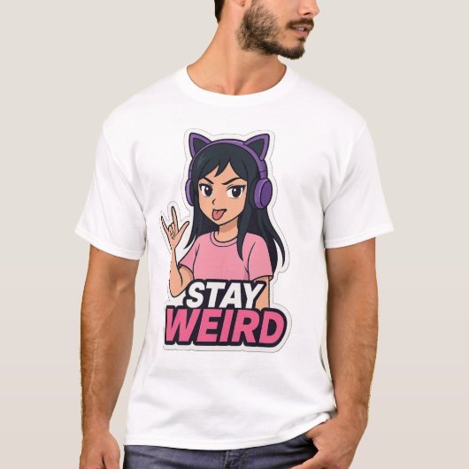 T-shirt "Stay Weird – Anime Girl with Cat Headphones T-Shi (Devant)
