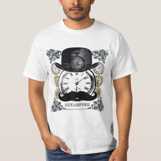 T-shirt Steampunk - bowler, moustache et montres collage (Devant)