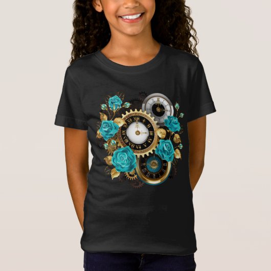 T-Shirt Steampunk Clock and Turquoise Roses on Striped (Devant)