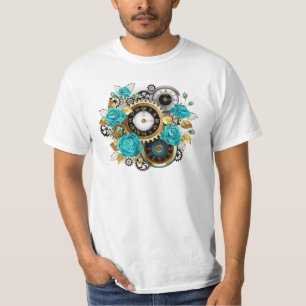 T-shirt Steampunk Clock and Turquoise Roses on Striped