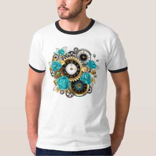 T-shirt Steampunk Clock and Turquoise Roses on Striped