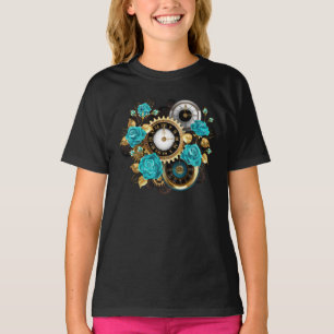 T-shirt Steampunk Clock and Turquoise Roses on Striped