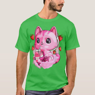 T-shirt Stravberry Milk Cat Cute Kawaii Kitten Anime Poiso