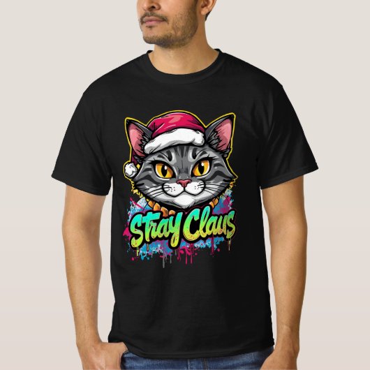 T-shirt Stray Claus – Conception de chat de Noël Graffiti (Devant)