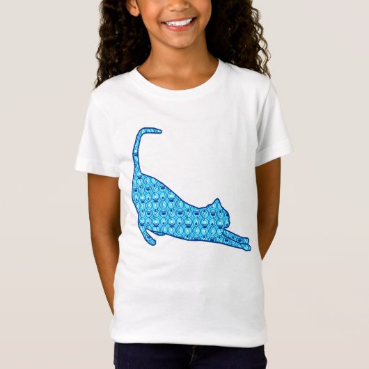 T-Shirt Stretting Cat Silhouette dans un Motif Lotus Bleu (Devant)