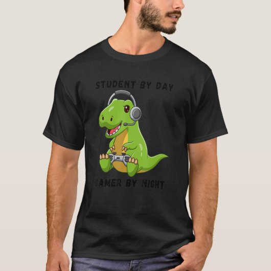 T-shirt Student By Day Gamer By Night Meme Rex Dinosaur (Devant)