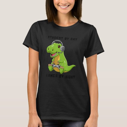 T-shirt Student By Day Gamer By Night Meme Rex Dinosaur (Devant)