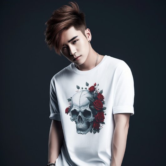 T-shirt Style moderne Rouge Floral Noir Crâne à sucre