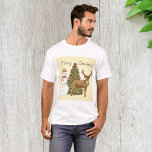 T-shirt Style vintage Joyeux Noël<br><div class="desc">Une scène de noël vintage avec un arbre un bonhomme de neige et un renne. Ce design semble vraiment efficace sur ce T-shirt Mens</div>