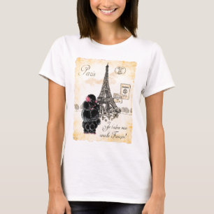 T-shirt Style Vintage Poodle noir Tour Eiffel Imprimer