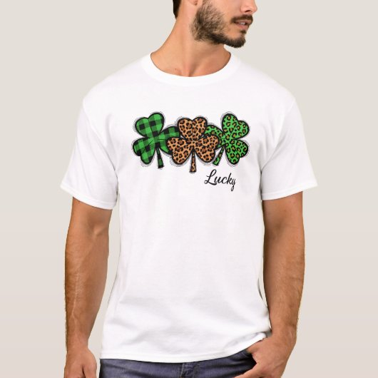 T-shirt Stylish Lucky Clover Buffalo Plaid Leopard Art (Devant)