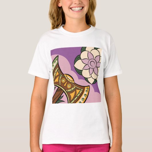 T-shirt Stylized Axe and Flower Design (Devant)
