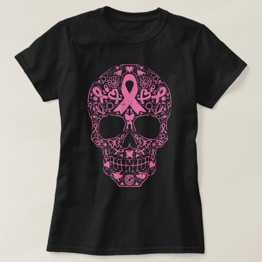 T-shirt Sugar Crâne rose Ruban Calavera Cancer du sein Awa (Design devant)