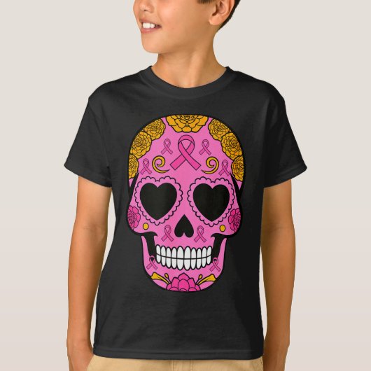 T-shirt Sugar Skull Breast Cancer Awareness Nk Ribbon Cala (Devant)