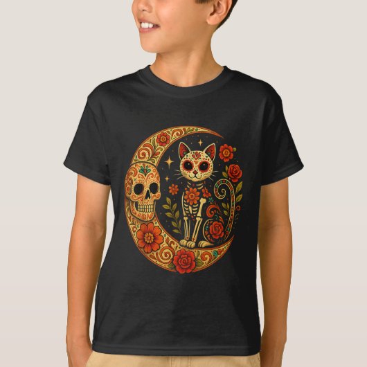 T-shirt Sugar Skull Cat Moon Dia De Los Muertos Funny Hall (Devant)