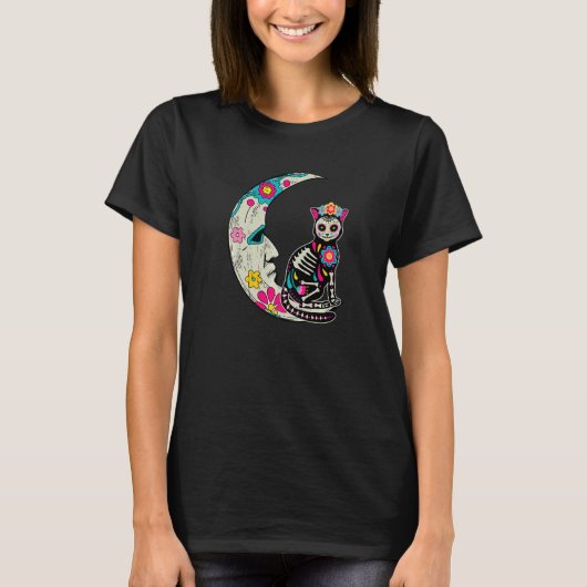 T-shirt Sugar Skull Cat Moon Dia De Los Muertos Mexican Da (Devant)