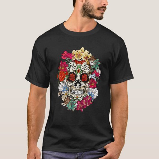 T-shirt Sugar Skull Day Of Dead Dia De Los Muertos Flowers (Devant)