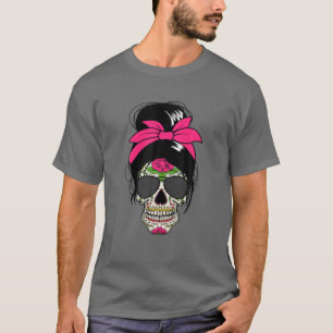 T-shirt Sugar Skull Day Of Dead Messy Bun Femme Sugar Sk