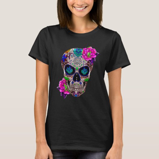 T-shirt Sugar Skull Day Of The Dead Cool Bone Head Skulls  (Devant)