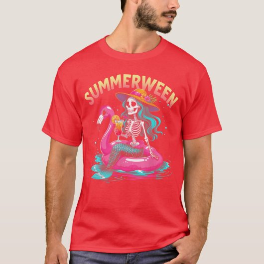 T-shirt Summerween Mermaid Skeleton Beach Flamingo Hallowe (Devant)