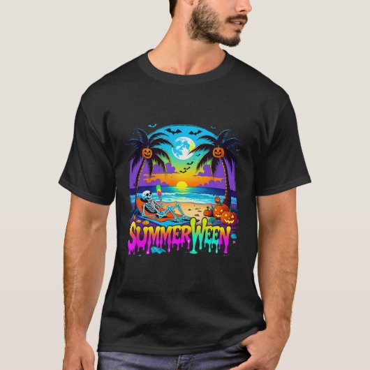 T-shirt Summerween Skeleton Ghost Beach Drôle Éffrayant Ha (Devant)