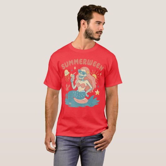 T-shirt Summerween Skeleton Mermaid Beach Flamingo Hallowe (Devant entier)
