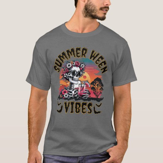 T-shirt Summerween Skeleton Vibes – Floral Sunset Retro (Devant)