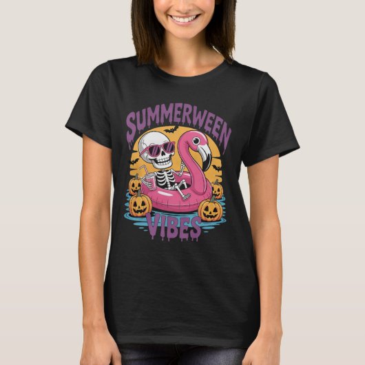 T-shirt Summerween Vibes Skeleton Flamant rose Hallowee Éf (Devant)