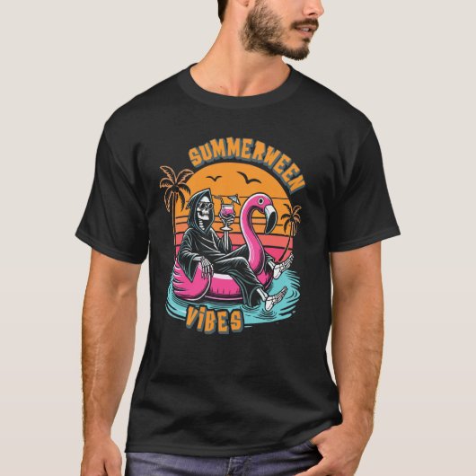 T-shirt Summerween Vibes Skeleton Flamant rose Hallowee Éf (Devant)