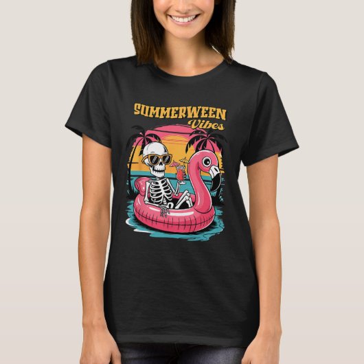 T-shirt Summerween Vibes Skeleton Flamant rose Hallowee Éf (Devant)