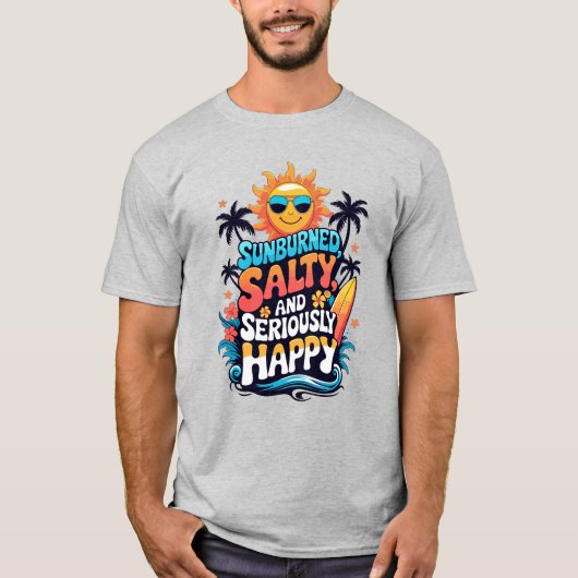 T-shirt Sunburned Salty and Happy – Retro Beach Vibes (Devant)