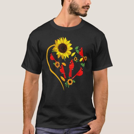 T-shirt Sunflowers Cardinal Birds Cute Heart Shape Funny B (Devant)