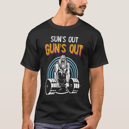 T-shirt Sun's Out Guns Out Barbell Hommes Femmes Bodybuild (Devant)