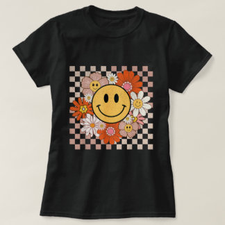 T-shirt Super Sourire Happy Fleurs Visage À damiers Hippie