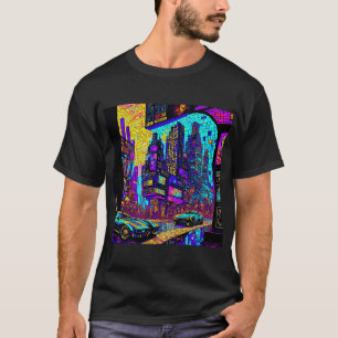 T-shirt Superbe Mosaïque Vitrail Neon Cyberpunk City