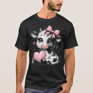 T-shirt Superbe vache noire blanche tenant Coeur rose Coeu