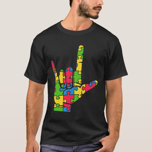T-shirt Support Autism Love Sign Language (Devant)